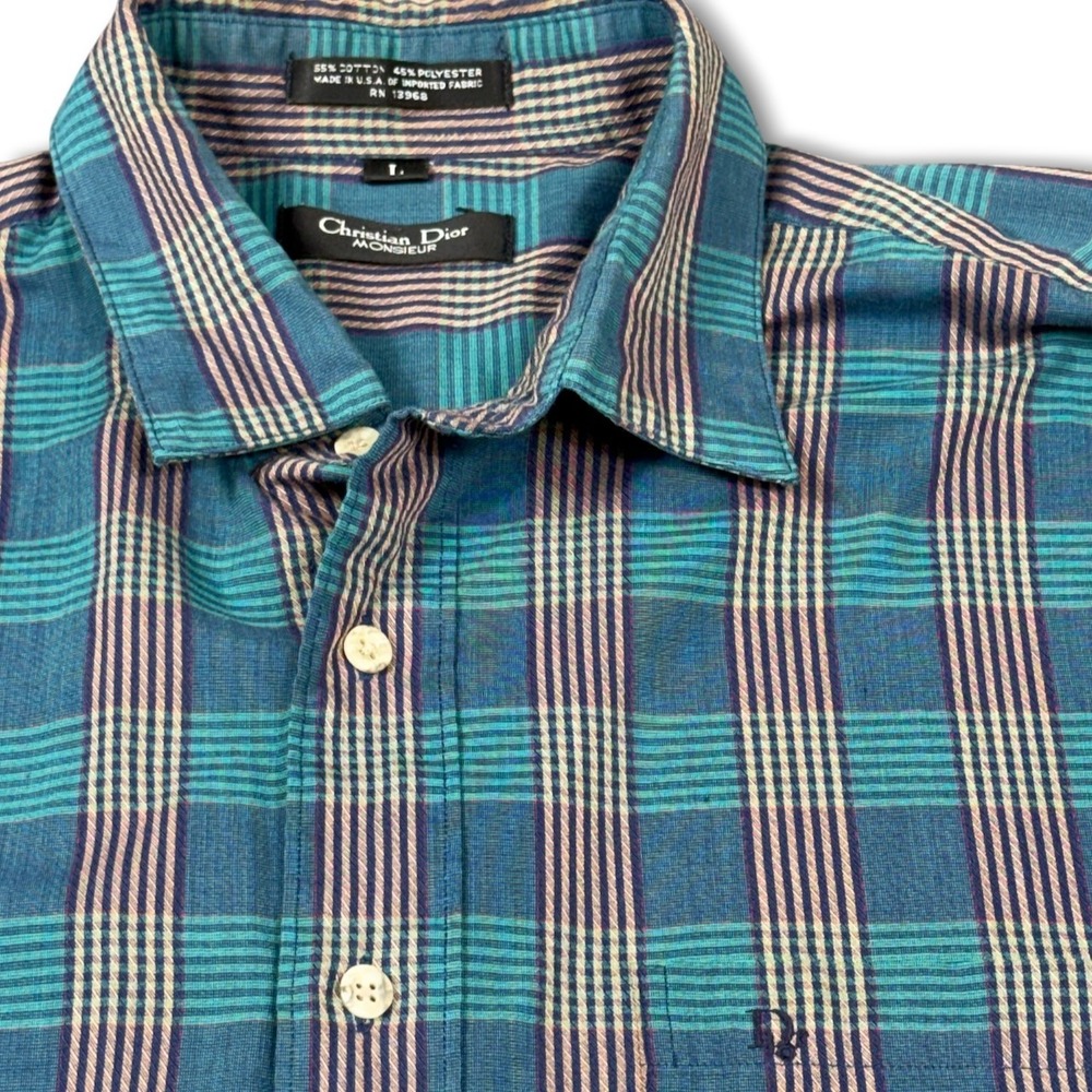 Christian Dior Monsieur Button Up Mens L Teal Plaid Vintage Designer Shirt USA - Picture 4 of 9